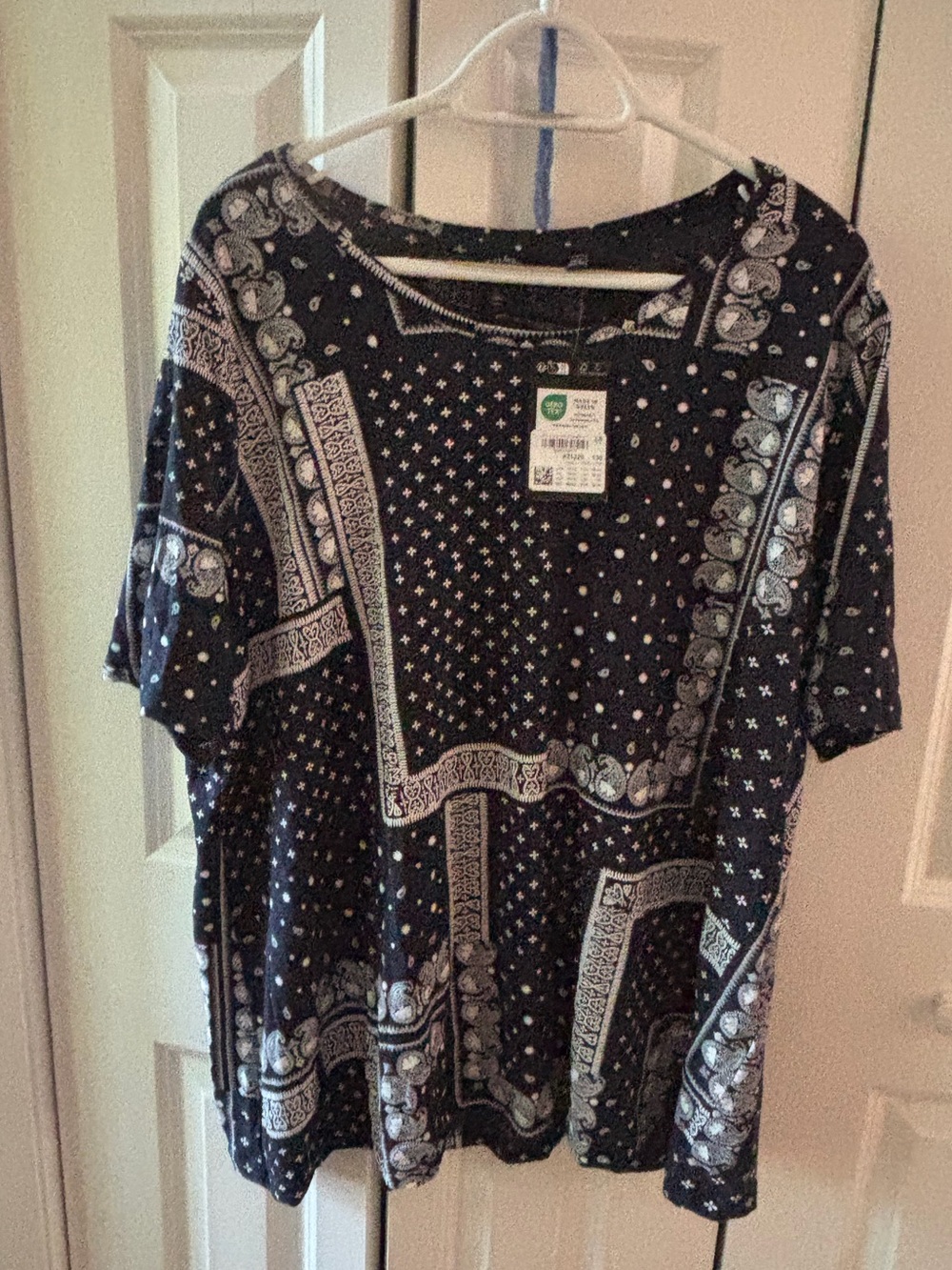 Ulla Popken Black and White Bandana-Pattern Short Sleeve Tee